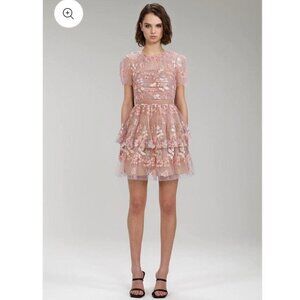 NWT Self Portrait Pink Flower Mesh Tiered Mini Dress